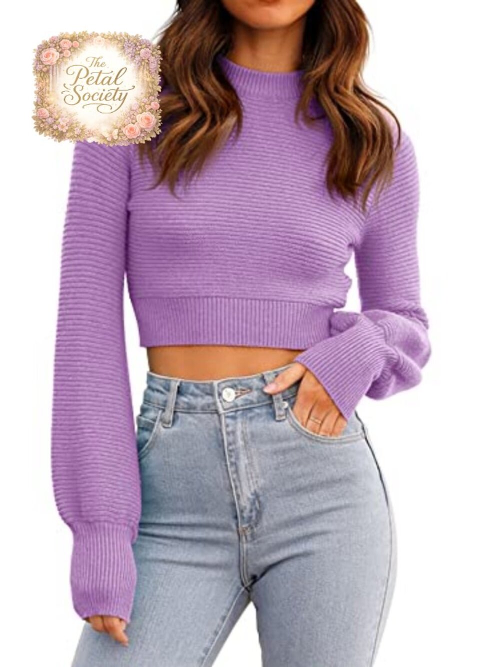 Womens Ribbed Knit Cropped Sweater Long Puff Sleeve Crew Neck Crop Top